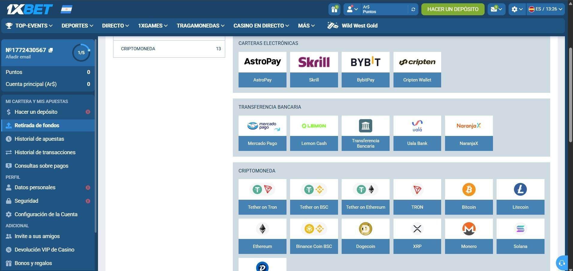 1xbet retiro con pesos argentinos casinos seguros argentina