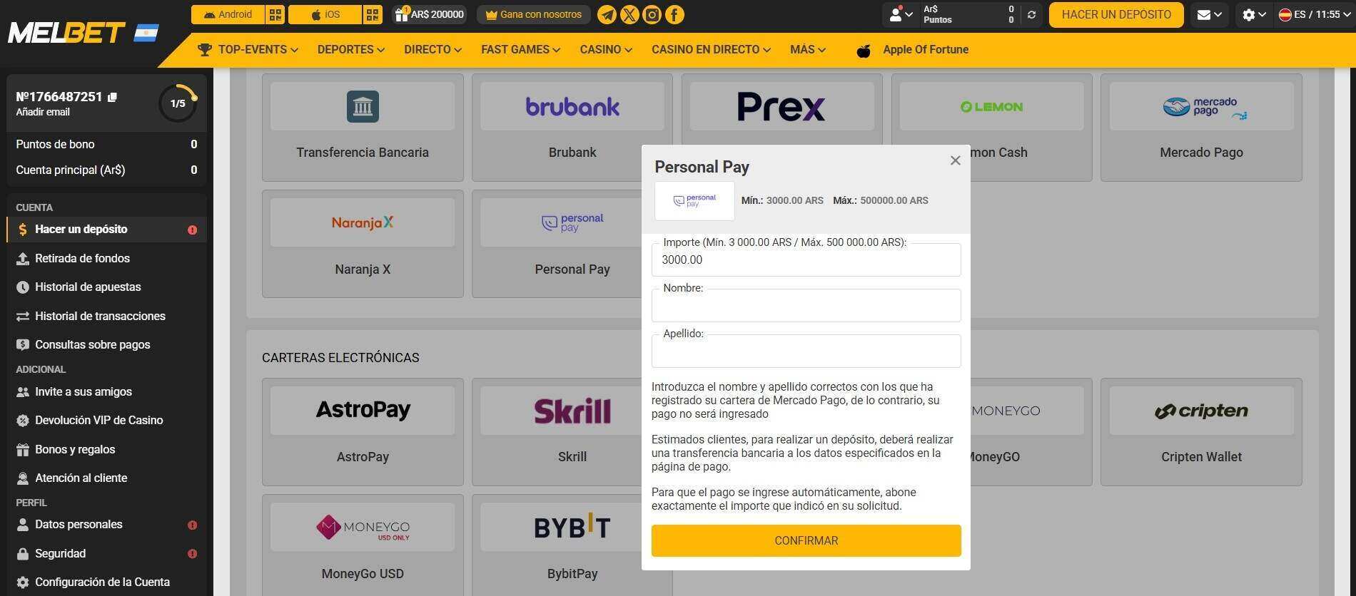 deposito con personal pay melbet casinos seguros argentina