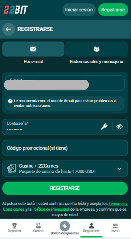crear cuenta registro 22bit casino chile casinos seguros