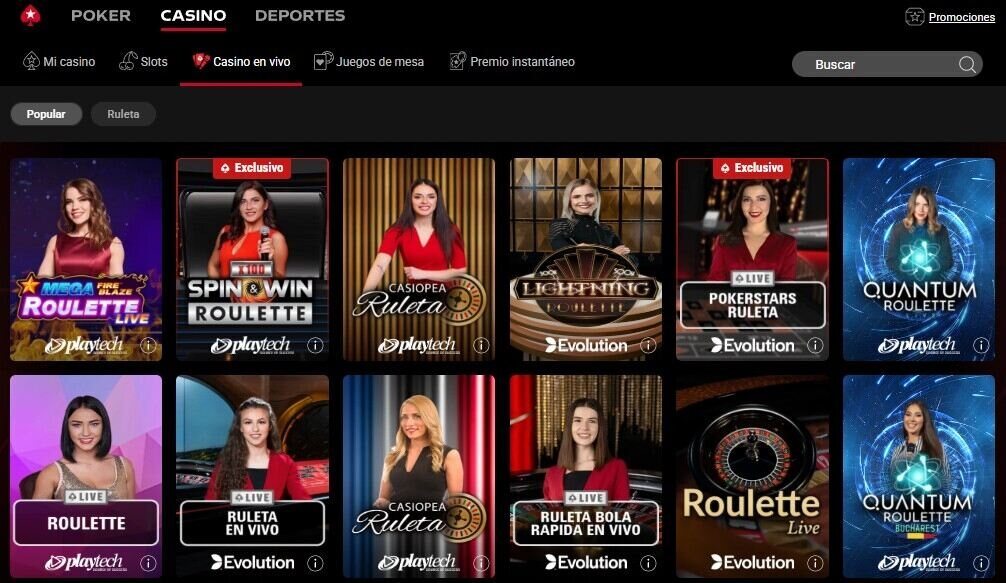 Interfaz de PokerStars Casino en vivo